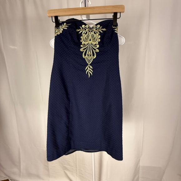 Lilly Pulitzer Women's Demi Strapless Navy Gold Embroidered Dress Size 0 Formal - Picture 2 of 11